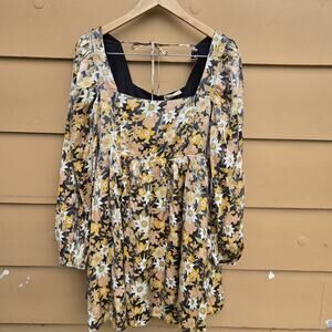 NWT Altar’D State Black Yellow Shiny Floral Baby Doll Fall Dress Womens size M